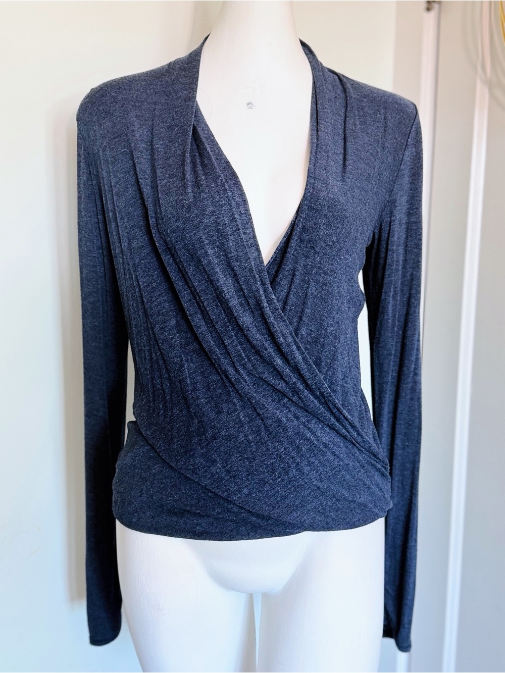 Max Studio Heather Charcoal Wrap-Front Long Sleeve Top
